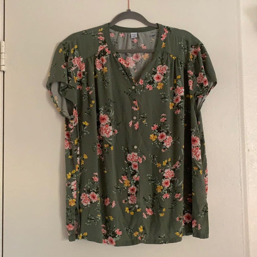 Old Navy Olive Floral Button Yoke Neck Top